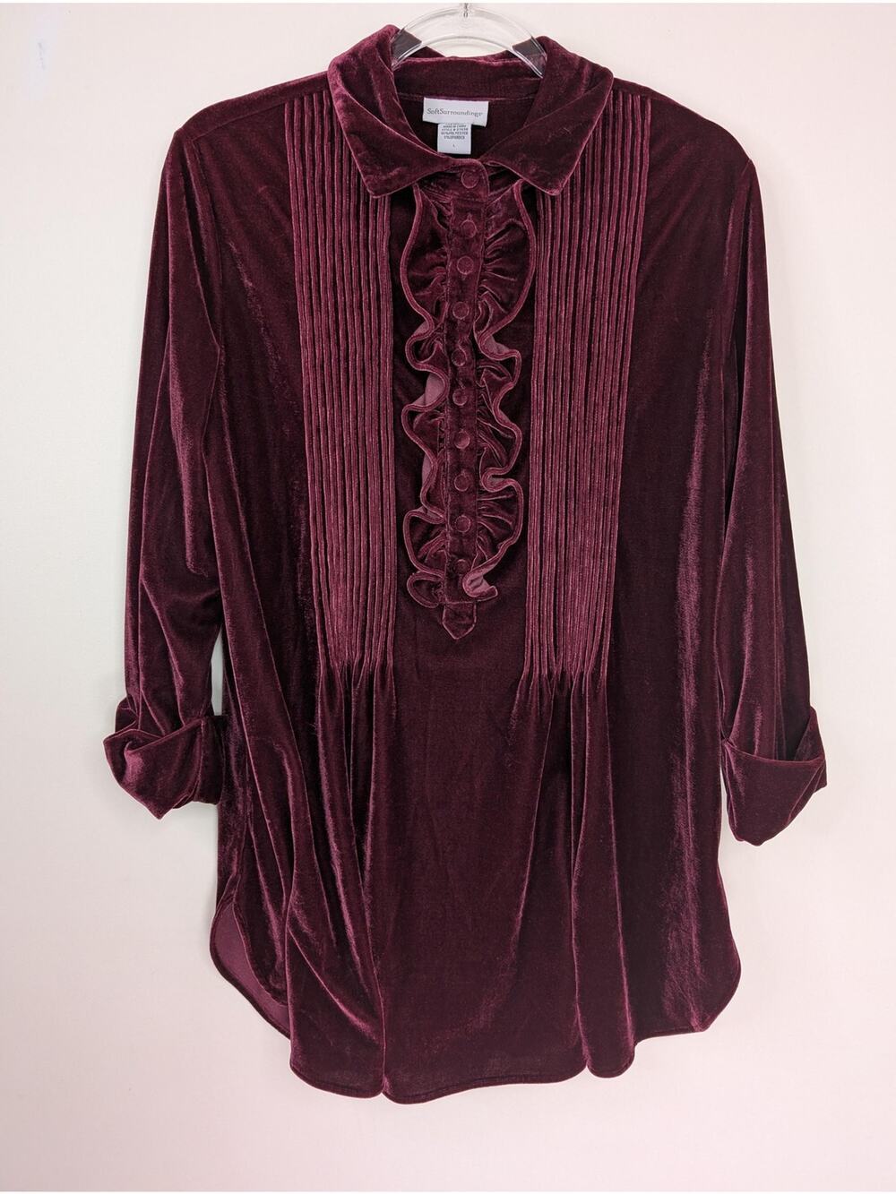 Soft Surroundings Top Womens Large Burgundy Velvet Ruffle Pintuck Blouse Tunic